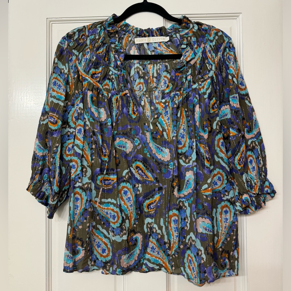 CROSBY by Mollie Burch Finley Top—Olive Paisley Size L - Picture 2 of 6